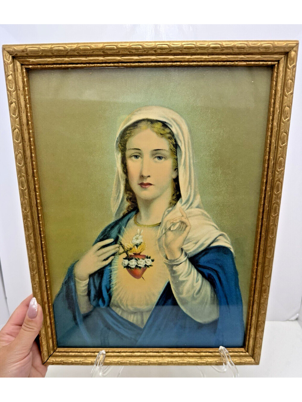 Vtg 1920s Lithograph Sacred Heart Mary Framed Print Immaculate Heart Wood Gilt